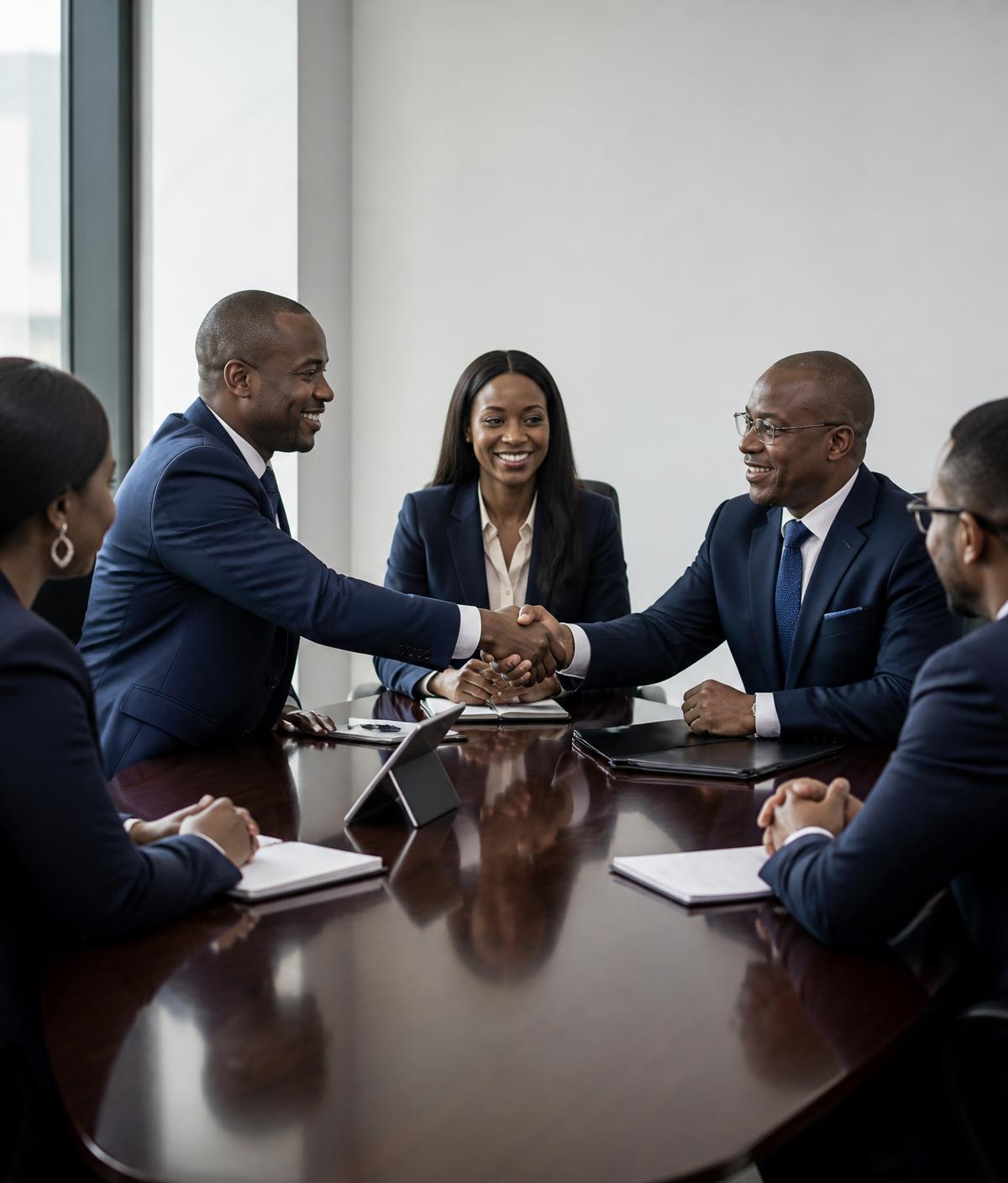 Executive team meeting in a corporate boardroom